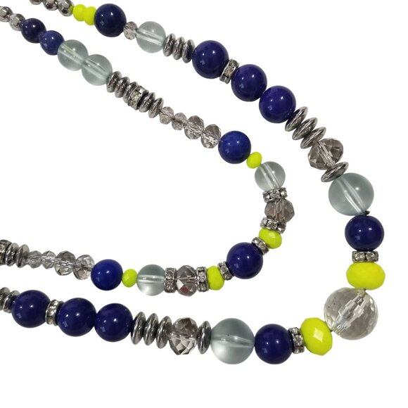 Loft Rope Necklace w/Crystals, Blue and Lime Green Beads on a Chrome Chain - Picture 7 of 13